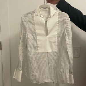Brunello Cucinelli Silk-Cotton Pinstripe Blouse W/SparklyBeading